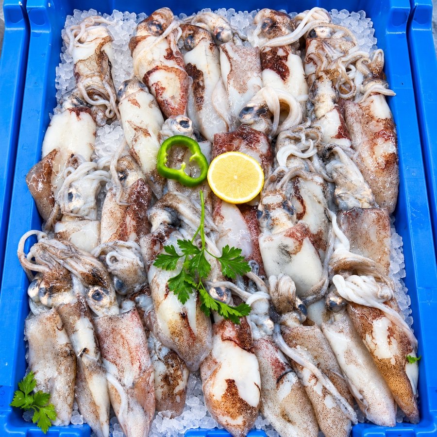 Bandeja de pescado y marisco fresco sobre hielo