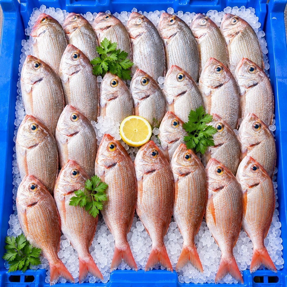 Bandeja de pescado y marisco fresco sobre hielo