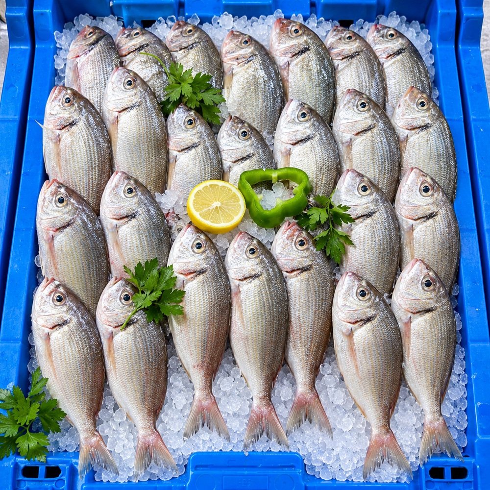 Bandeja de pescado y marisco fresco sobre hielo