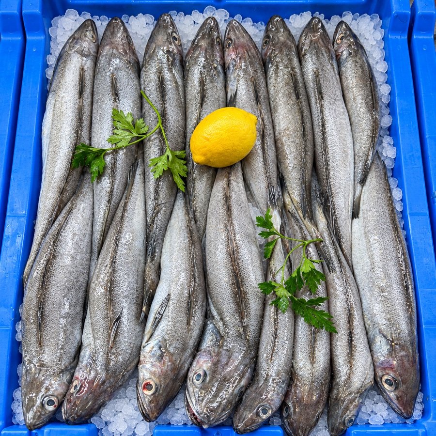 Bandeja de pescado y marisco fresco sobre hielo